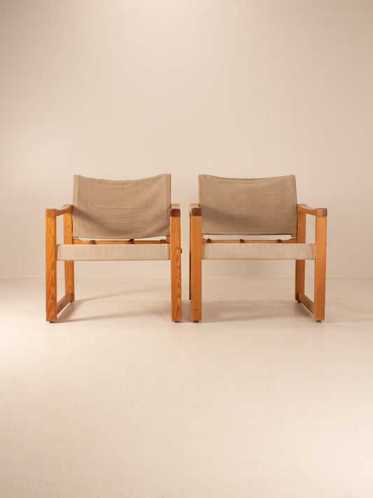 set of 4 canvas and wood mid century sling chairs