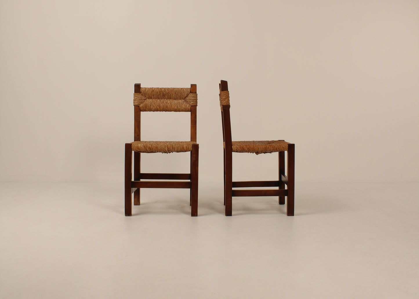 Set of 6 mid century rush & wood chairs
