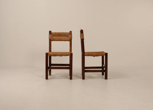 Set of 6 mid century rush & wood chairs