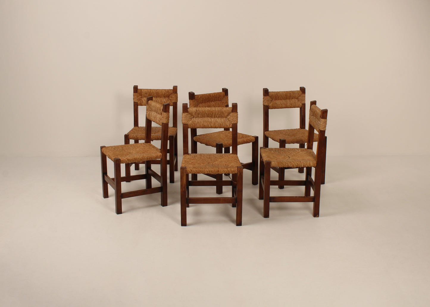 Set of 6 mid century rush & wood chairs