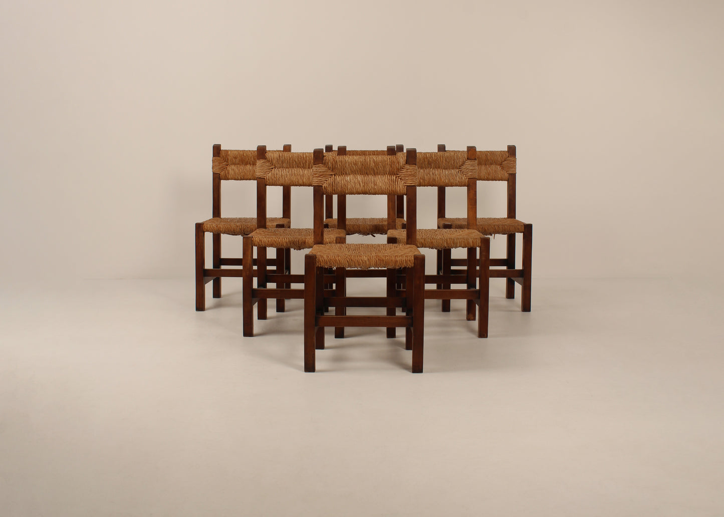 Set of 6 mid century rush & wood chairs