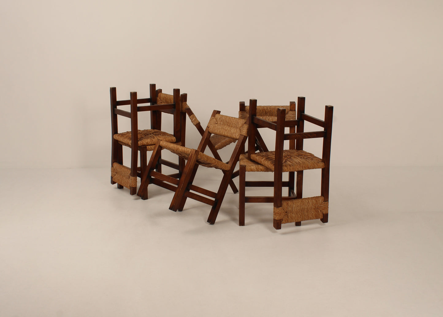Set of 6 mid century rush & wood chairs
