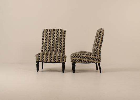 Pair vintage french side chairs, Pierre Frey fabric , France