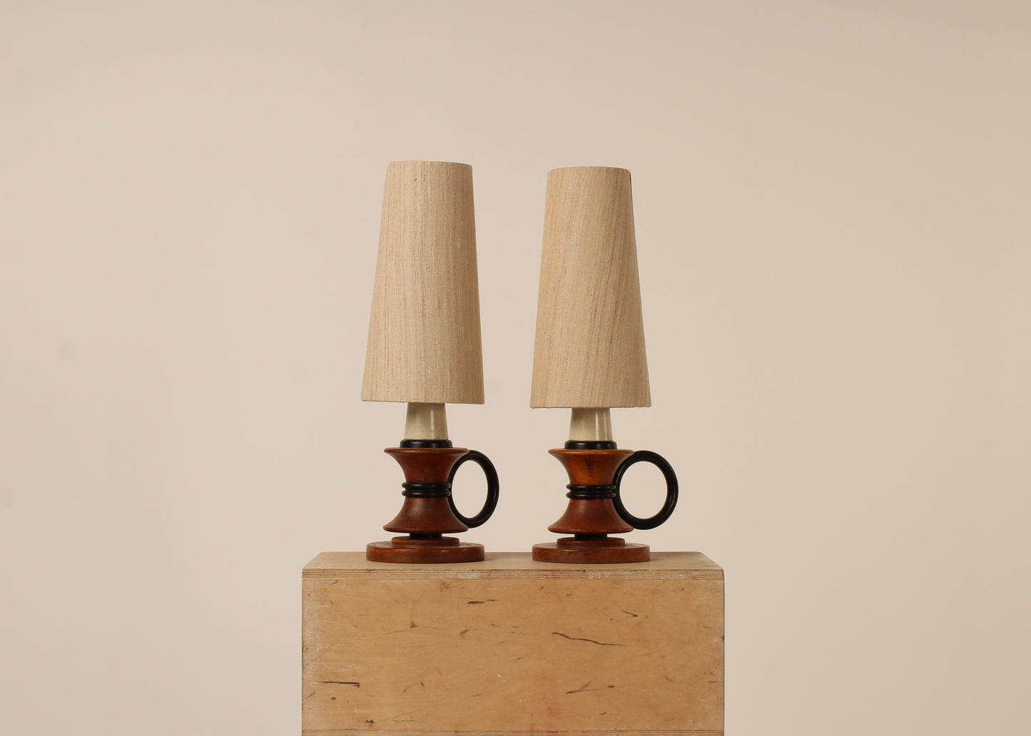 Pair circular handle table lamps, ebonized wooden rings
