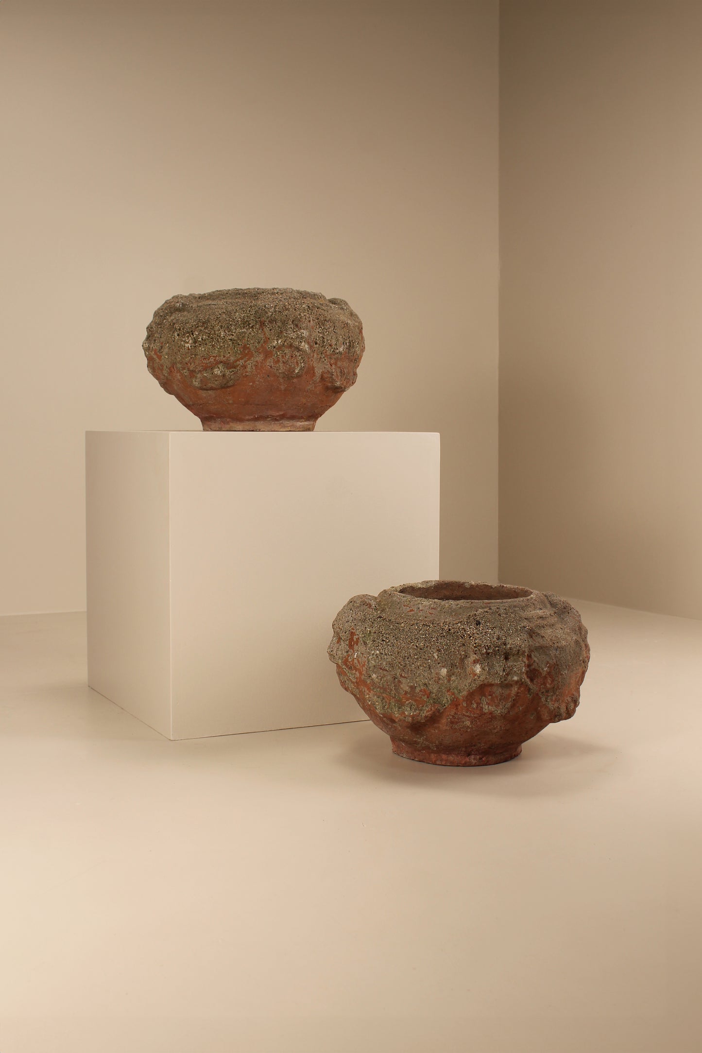 Pair vintage concrete and terracotta planters ,Italy