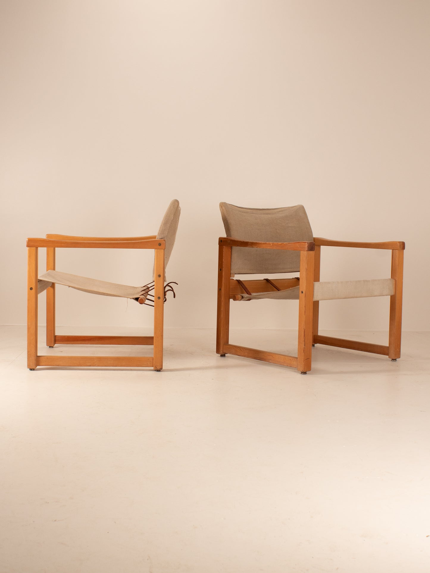 set of 4 canvas and wood mid century sling chairs