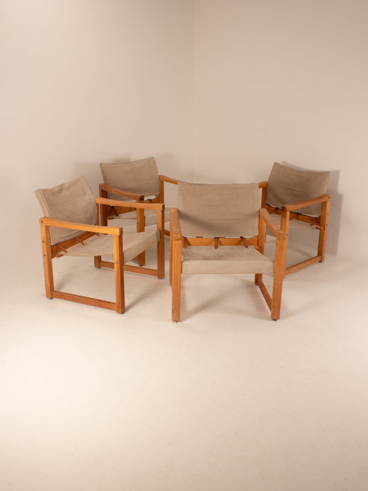 set of 4 canvas and wood mid century sling chairs