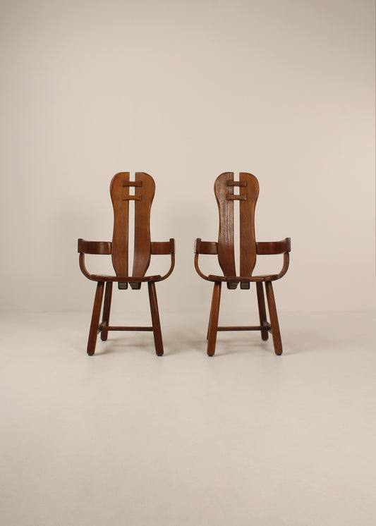 Pair of oak De Puydt dinging chairs with arms, Mid - Century