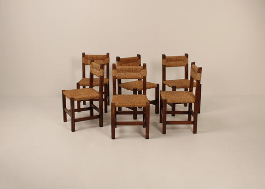 Set of 6 mid century rush & wood chairs