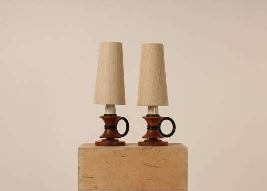 Pair circular handle table lamps, ebonized wooden rings