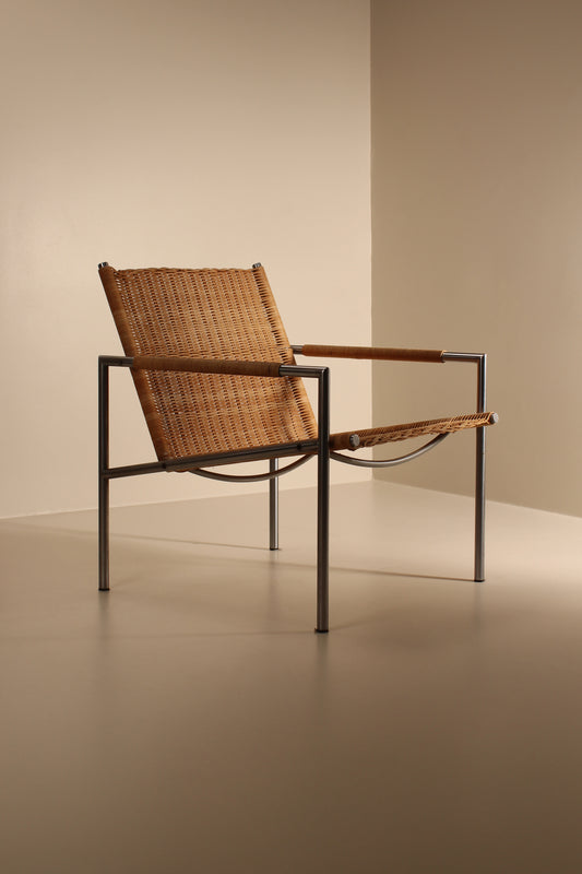 Single chrome and wicker mid century armchair, Belgium