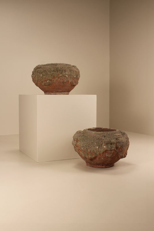 Pair vintage concrete and terracotta planters ,Italy